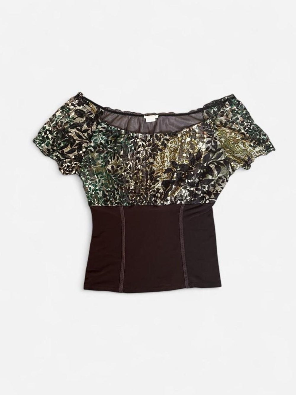 NICOLA Off-Shoulder Floral Mesh Top in Black and Green - Picture 1 of 4